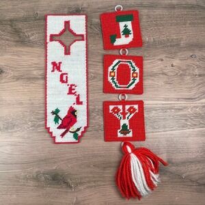 Vintage Christmas JOY Wall Hanging Decor Needlepoint Cardinal Noel Holiday